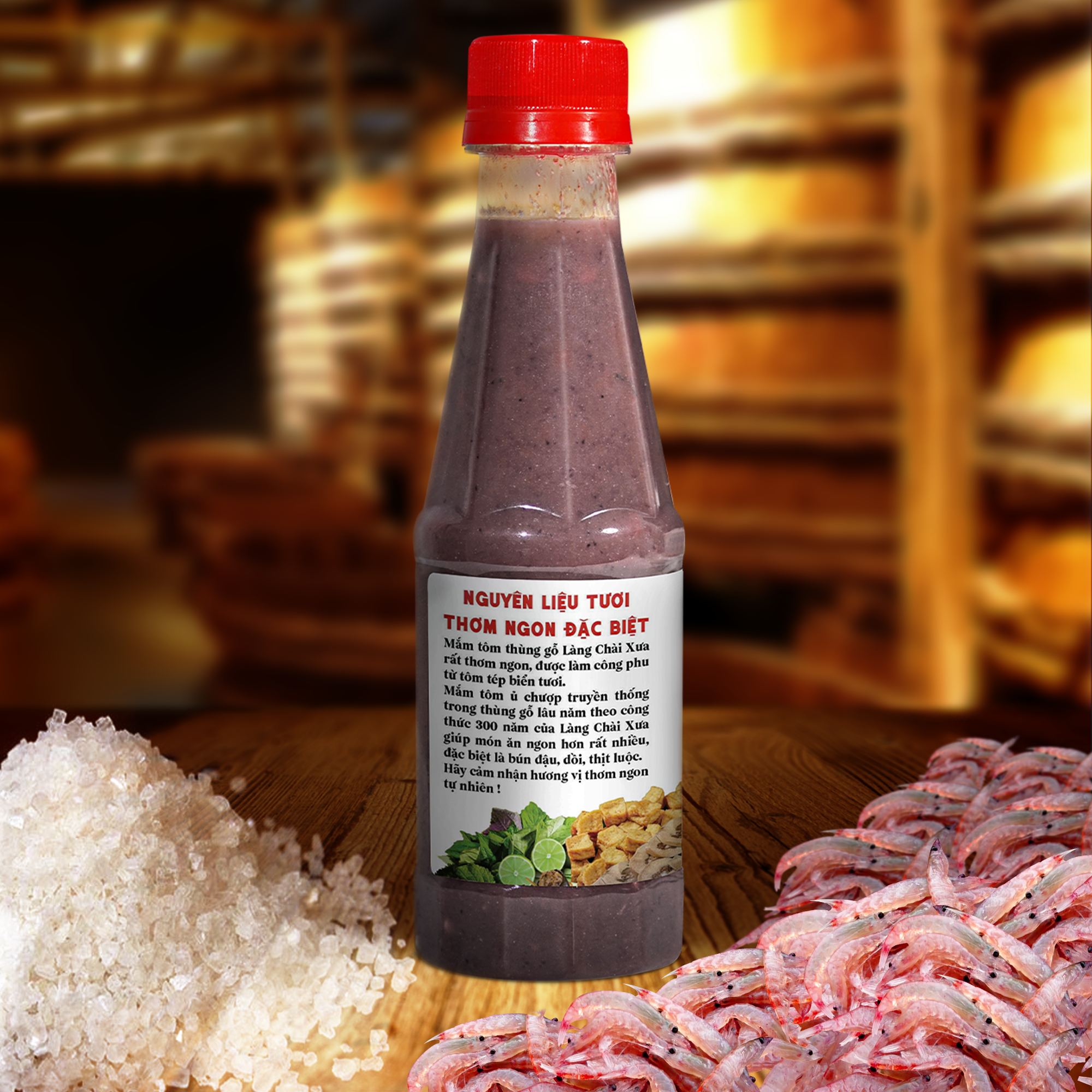Mắm tôm thùng gỗ Làng Chài Xưa nguyên liệu tôm tép tươi, thơm ngon đặc biệt chai 260g