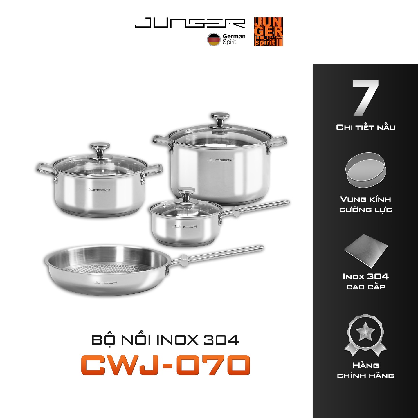 Bộ nồi inox 304 Junger CWJ-070 7 chi tiết Tay cầm cách nhiệt Hàng Chính Hãng Bảo Hành 12 Tháng