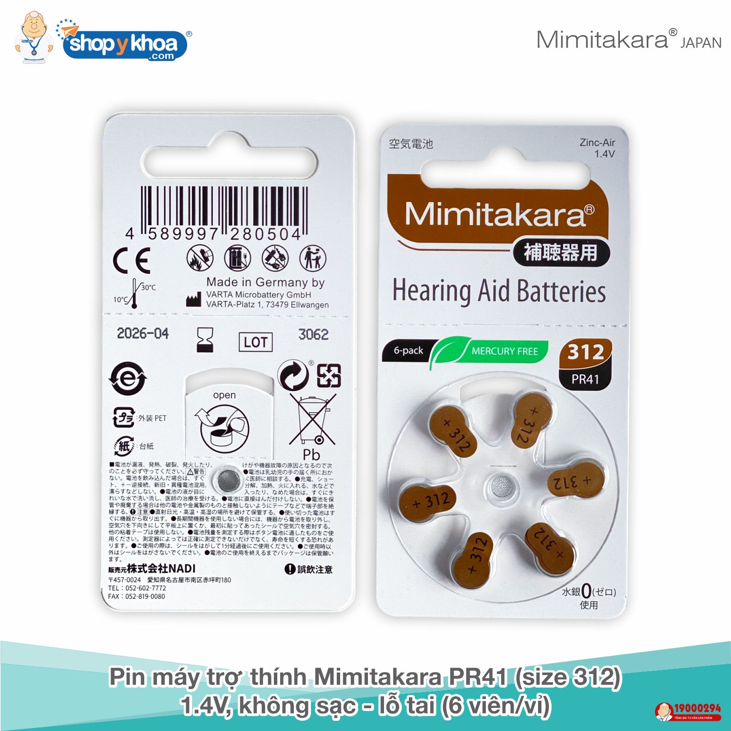 Pin máy trợ thính Mimitakara PR41 , 1.4V, không sạc - lỗ tai