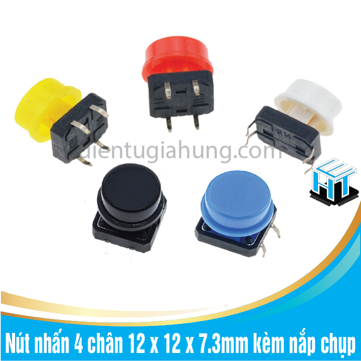 COmbo 10 cái Nút nhấn 4 chân 12 x 12 x 7.3mm kèm nắp chụp nhiều màu sắc