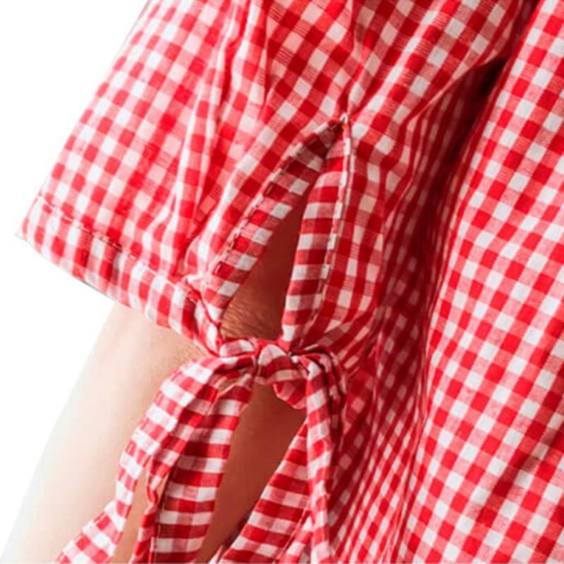 Áo sơ mi dáng rộng họa tiết in caro cài nút đơn cổ búp bê cho nữ