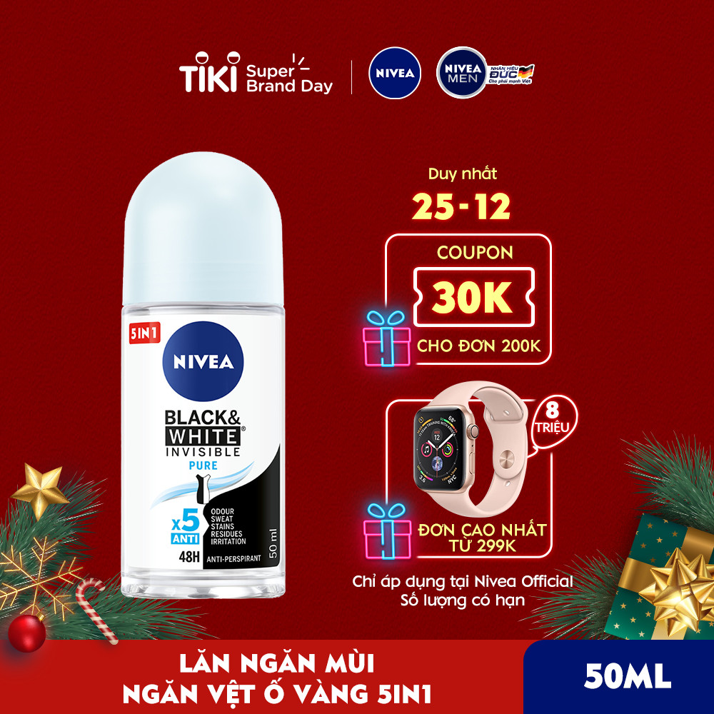 Lăn Ngăn Mùi NIVEA Black & White Ngăn Vệt Ố Vàng Vượt Trội 5in1 (50ml) - 82234