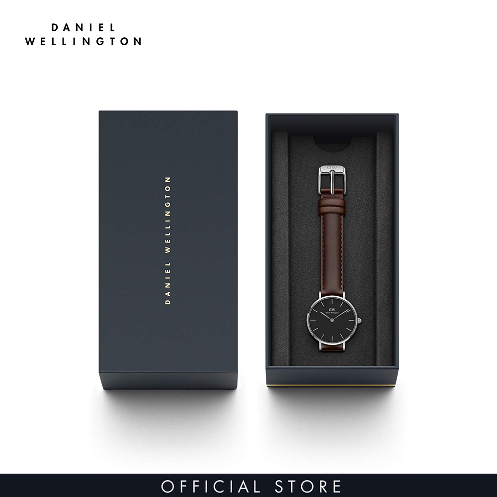 Đồng hồ Nữ Daniel Wellington dây da - Petite Bristol mặt đen - vỏ bạc