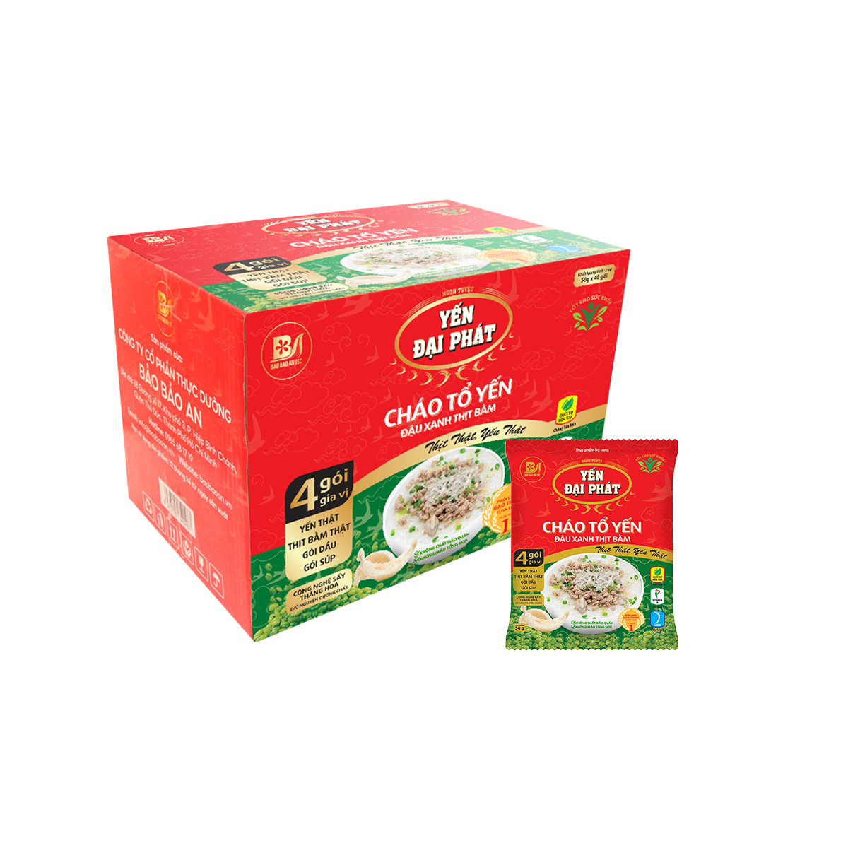 Cháo Tổ Yến Đậu Xanh Thịt Bằm - Yến Đại Phát 4 gói gia vị, ăn liền, tiện lợi, thơm ngon.