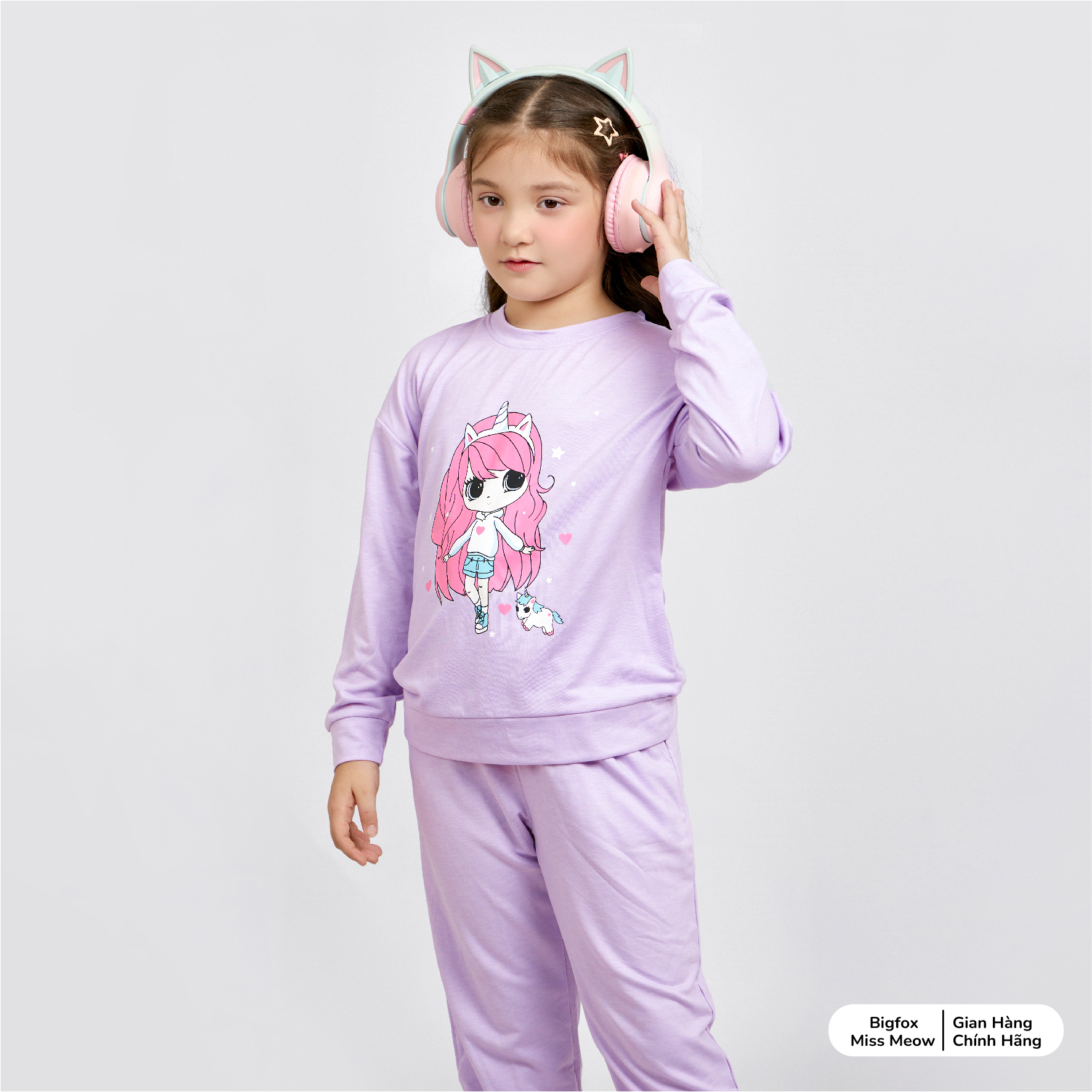 Bộ nỉ dài tay cho bé gái Bigfox Miss Meow chất nỉ da cá mùa thu đông kiểu dáng Hàn Quốc đại trẻ em 3,7,11 tuổi 39kg