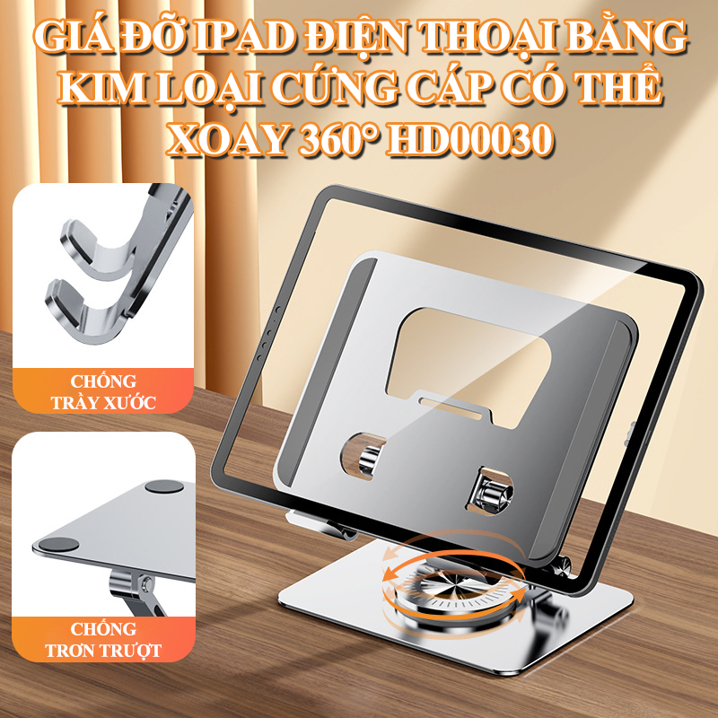 Giá đỡ điện thoại, ipad bằng kim loại cứng cáp có thể xoay 360° phù hợp cho các thiết bị từ 4 đến 12 inch HD00030