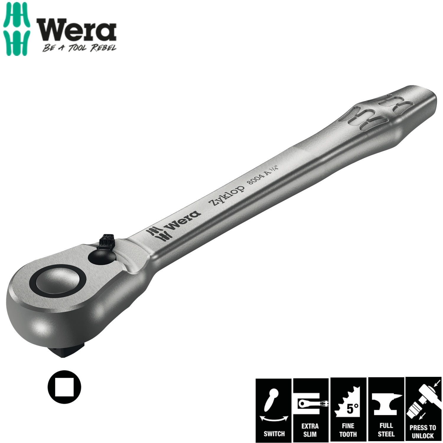Cần xiết tròng cóc 1/4" 8004 A Zyklop Metal Ratchet with switch lever Wera 05004004001