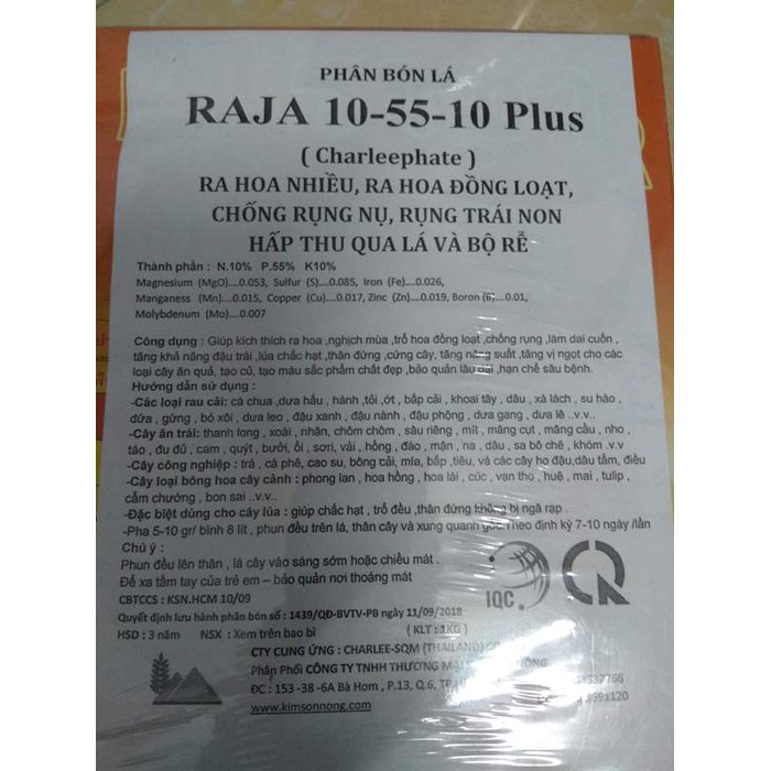 Phân bón Raja NPK 10-55-10 Plus ra hoa nhiều, ra hoa đồng loạt, chống rụng nụ, rụng trái non - 1 kg