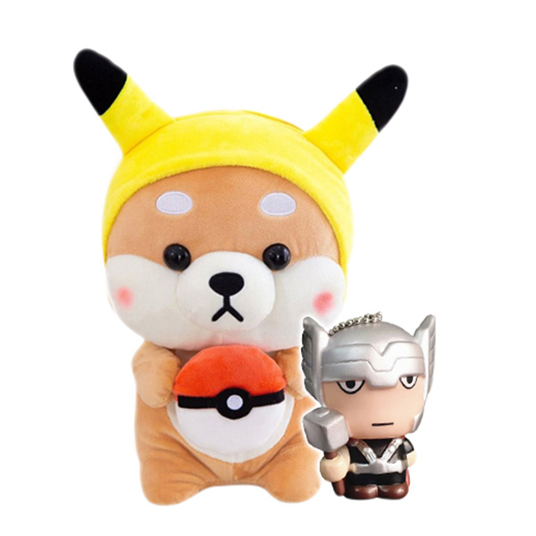 Gấu Bông Shiba Đội Nón Pikachu Siêu Dễ Thương 25cm - Tặng Kèm Móc Khóa Siêu Anh Hùng Thần Sấm