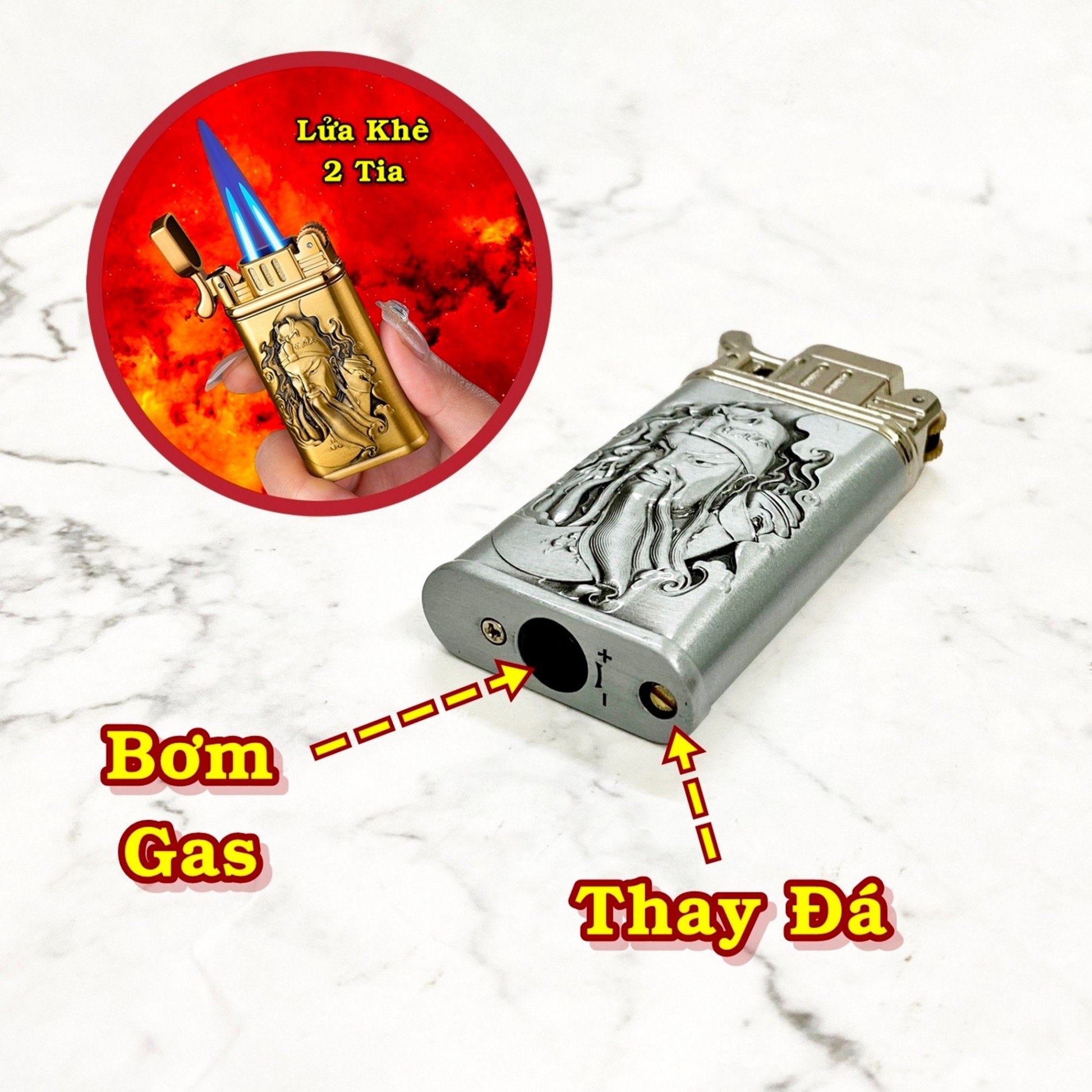 Bật lửa hột quẹt khè gas đá rảnh tay 2 tia hình quan công - xài gas