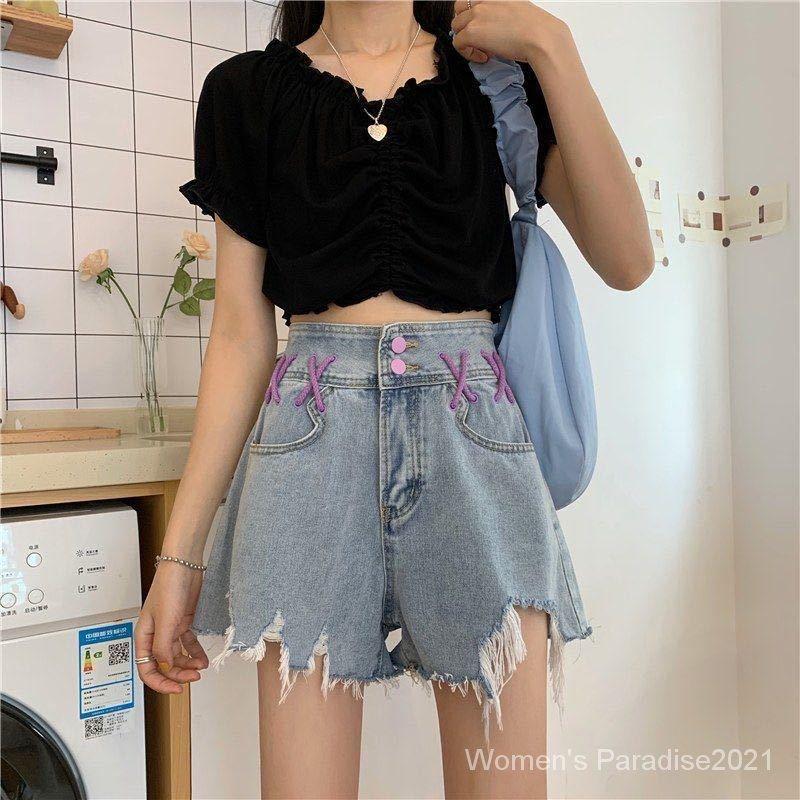 Quần short denim lưng cao ống rộng màu sắc độc đáo thời trang mùa hè cho nữ
