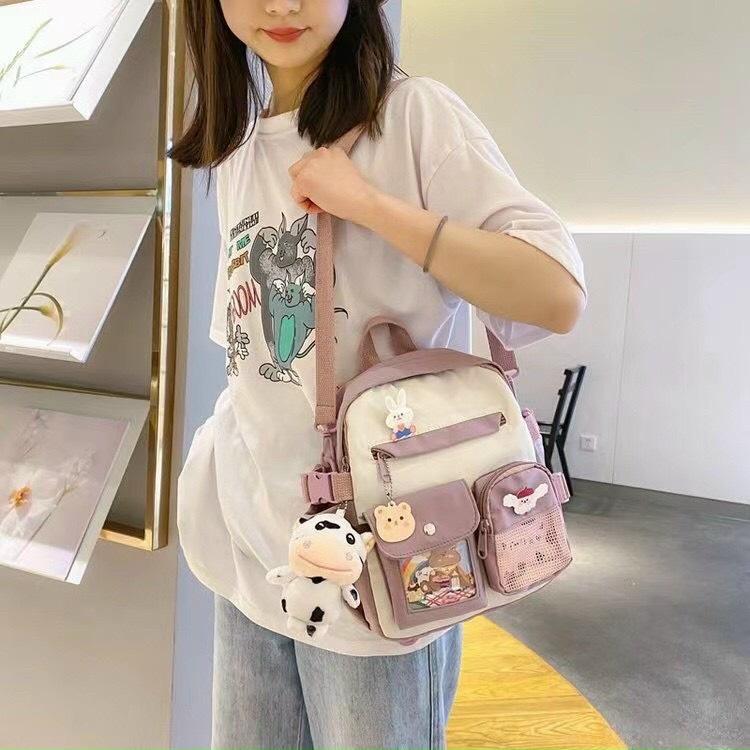 Balo Học Sinh Ulzzang Vải Canvas Chống Nước Mix Hình Gấu Cực Xinh Dễ Phối Đồ Năng Động Unisex