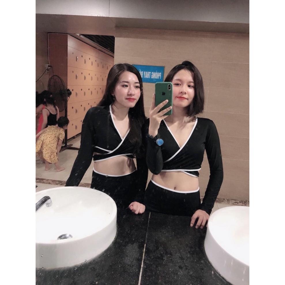 freeship Bikini tay dài chéo ngực phối quần lưng cao viền trắng (màu đen) EVA shop
