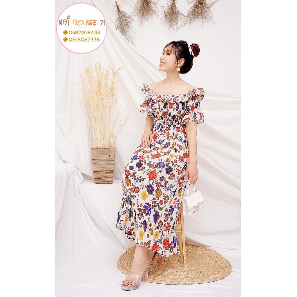 Đầm Voan Hoa NHIHOUSE71 Dáng Xòe Qa Gối bẹt Vai Dún Chỉ Freesize Dưới 56kg