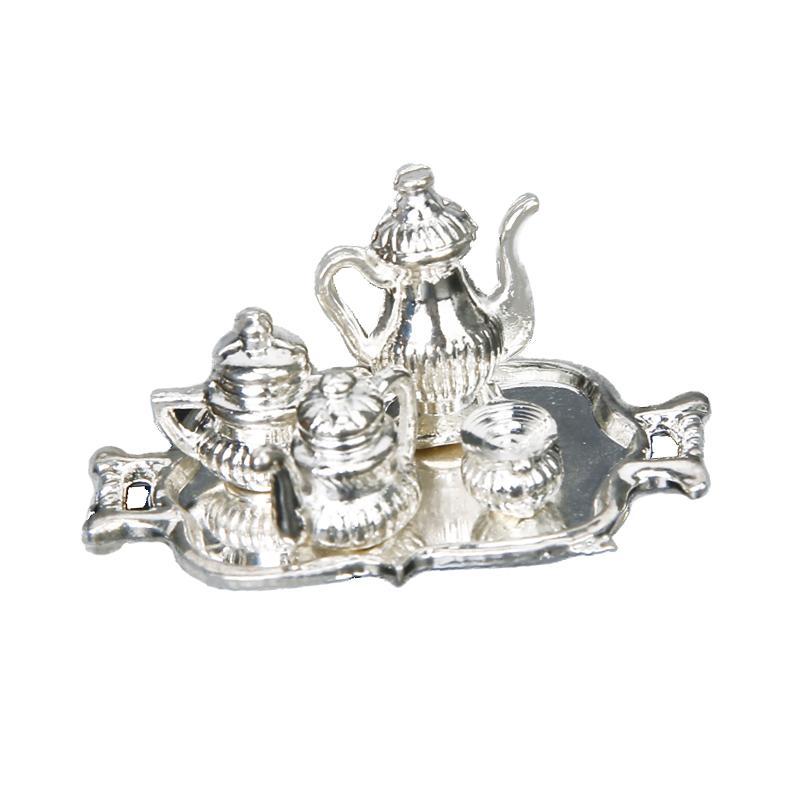5pcs Silver Metal Tea Lid Pot Cups Tray Set 1:12 Dolls House Miniature Accs
