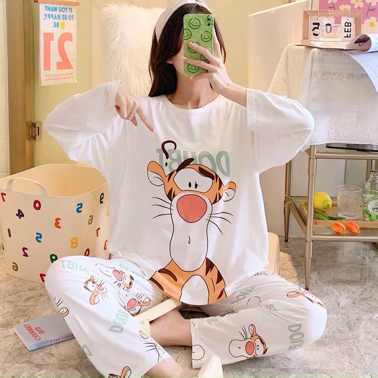 Đồ Bộ Pyjama Dài Tay, Đồ Ngủ Mặc Nhà Pizama Nữ Siêu Dễ Thương Quảng Châu, họa tiết hoạt hình CHÚ Hổ