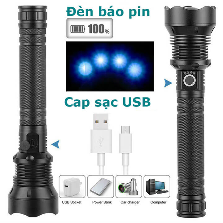 Đèn pin cầm tay siêu sáng XHP70 chiếu xa 500M, đèn pin Led có Zoom xa gần pin trâu, chống thấm nước