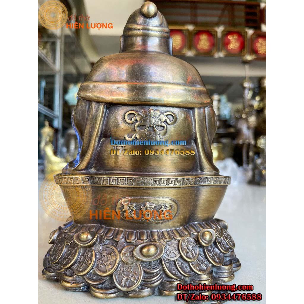 Bộ Tượng Thần Tài - Thổ Địa Ngồi Bệ Tiền Bằng Đồng Màu Nâu Giả Cổ Cao 21cm