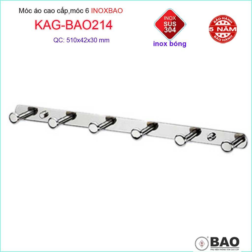 Móc 6 Inox Bảo KAG-BAO214, móc áo phòng tắm SUS304 dập sáng bóng sang trọng thiết kế tuyệt đẹp siêu bền