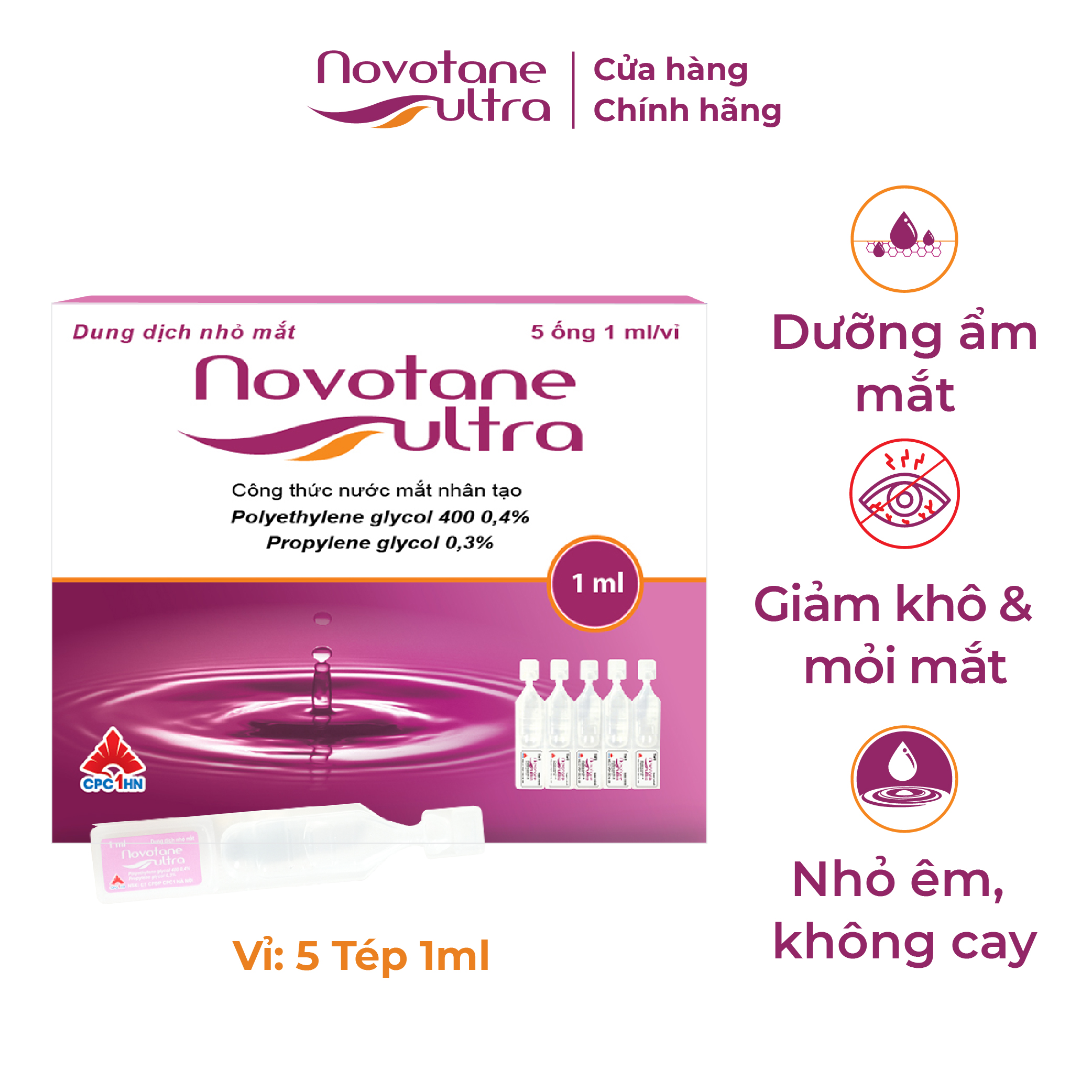 Nước mắt nhân tạo Novotane Ultra 1ml giúp bảo vệ mắt, dưỡng ẩm, giảm khô, giảm mỏi mắt