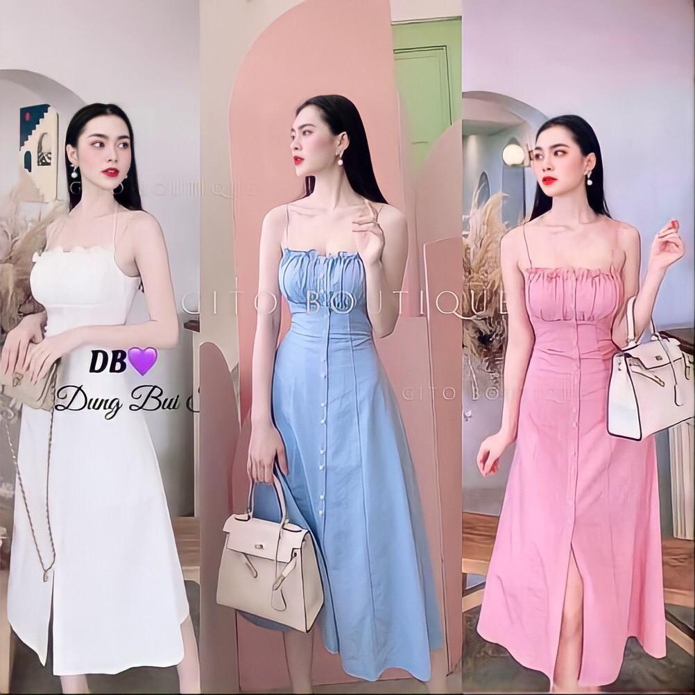 ĐẦM 2 DÂY - VÁY XANH HỒNG XÒE – THIẾT KẾ ÔM – GD0101