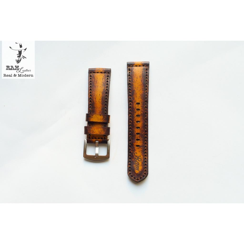 Dây đồng hồ RAM Leather da bò thảo mộc vegtan Ý bền chắc - Ram classic 1970 socola nền vàng