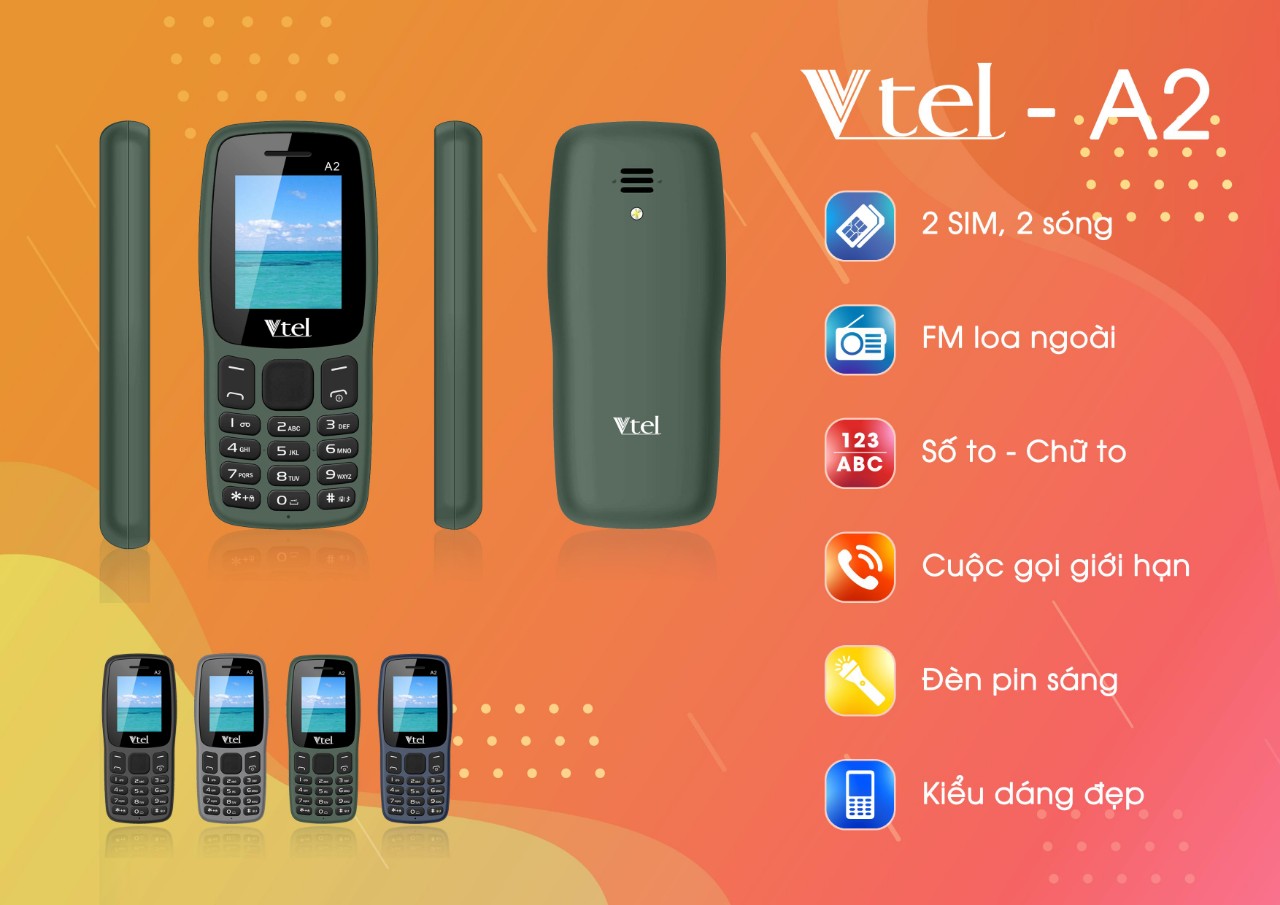 Điện Thoại di động GSM Vtel A2 (2 Sim) - Số To, Chữ To, Pin Bền, Thiết Kế Đẹp - Hàng Chính Hãng