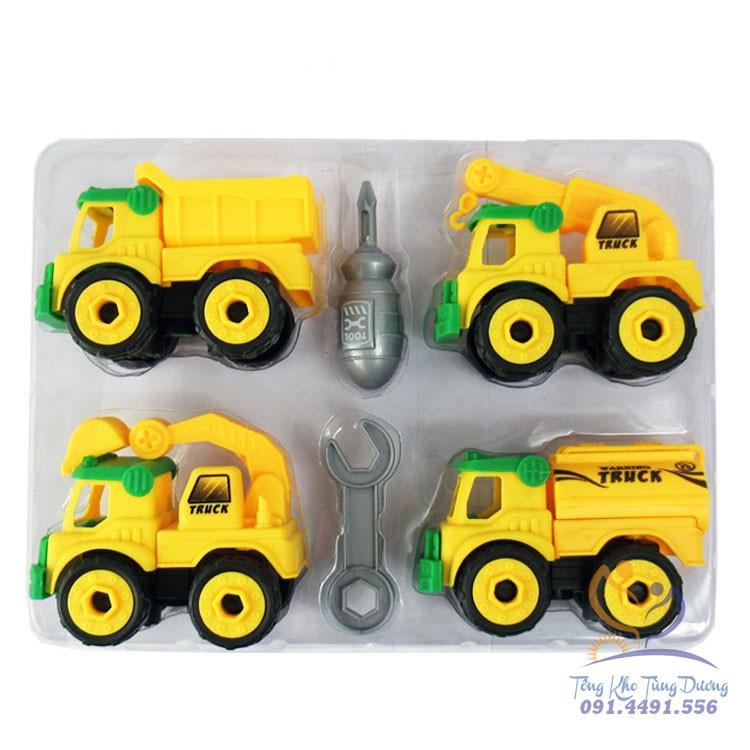 Bộ Set 4 xe ô tô mô hình lắp ráp công trình cao cấp cho bé, đồ chơi ô tô cho bé thoả sức sáng tạo