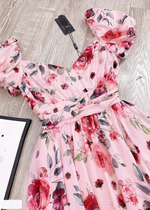 Đầm Xòe Tay Phồng Lụa Cao Cấp In Hoa Thời Trang