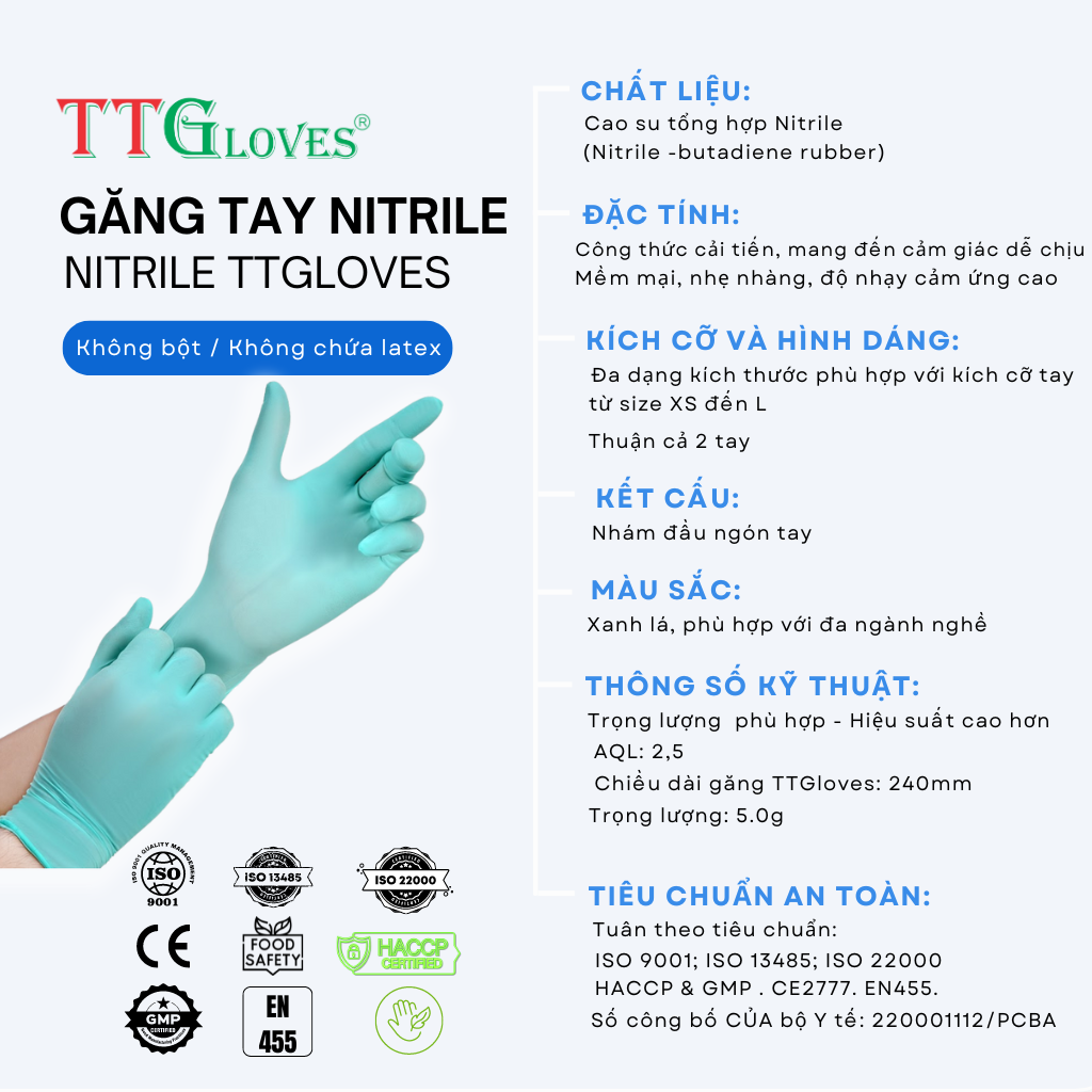 Găng Tay Y Tế Không Bột Nitrile TTGLOVES Màu Xanh Lá 5.0g 100 Chiếc / hộp (Size S)