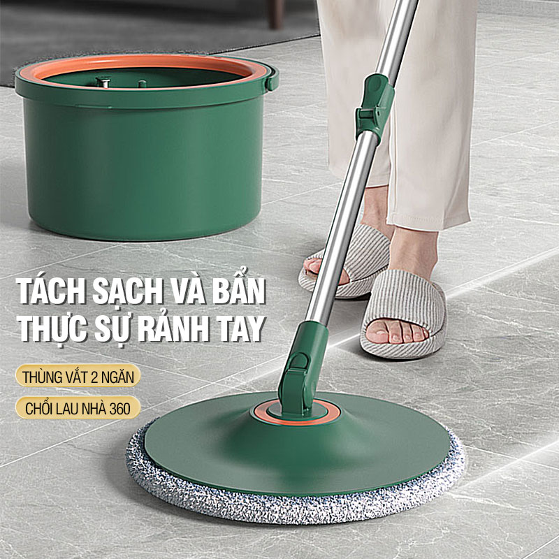 Bộ lau nhà tách nước bẩn Kitimop K22 Plus có thùng lau nhà tự vắt 2 ngăn riêng biệt, chổi lau nhà xoay 360 độ lau sạch khô nhanh, 2 bông lau