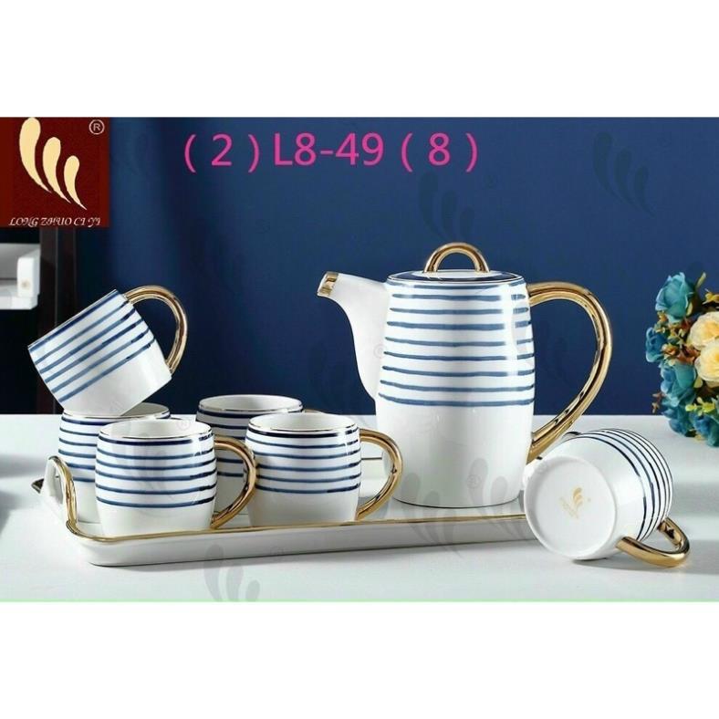 Bộ bình trà cà phê kèm khay sứ trắng kẻ xanh BP