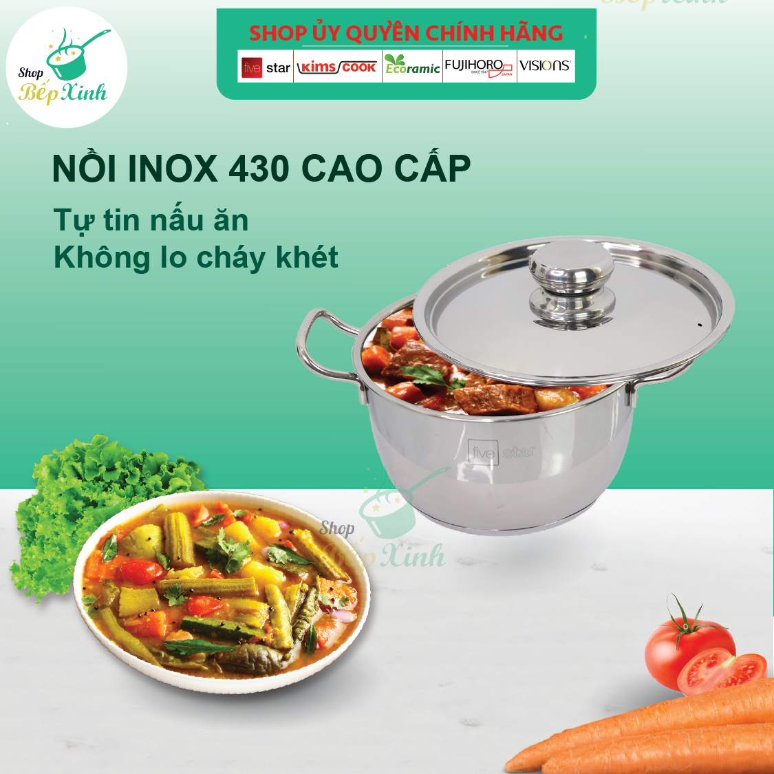 Bộ nồi inox Fivestar 3 chiếc inox 430 nắp inox , 3 đáy dùng được bếp từ , hồng ngoại , gas - tặng 1 vá canh