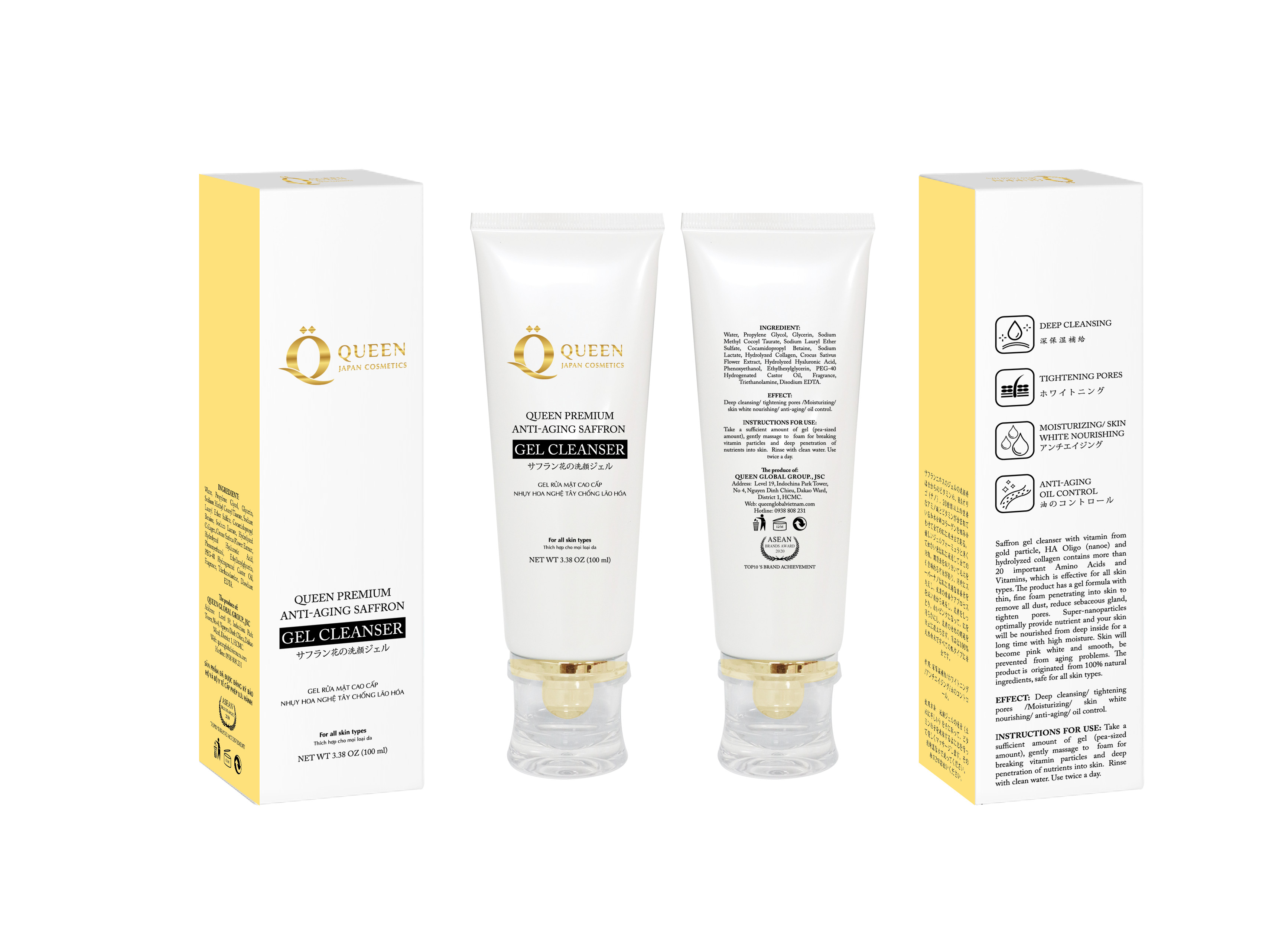 Gel rửa mặt cao cấp nhụy hoa nghệ tây chống lão hóa Queen Japan Cosmetics