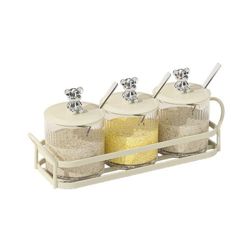 Bộ 3 Lọ Đựng Gia Vị Sang Trọng, Cao Cấp Chất Liệu Nhựa Acrylic Chịu Lực Và Nhiệt Tốt Vân Sọc Có Thìa Kèm Giá Đỡ Kim Loại Sang Trọng Cao Cấp - Hình Núm Giao Ngẫu Nhiên