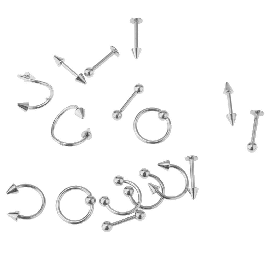 16 Pieces 16g Stainless Steel Assorted Eyebrow Ear Lip Navel