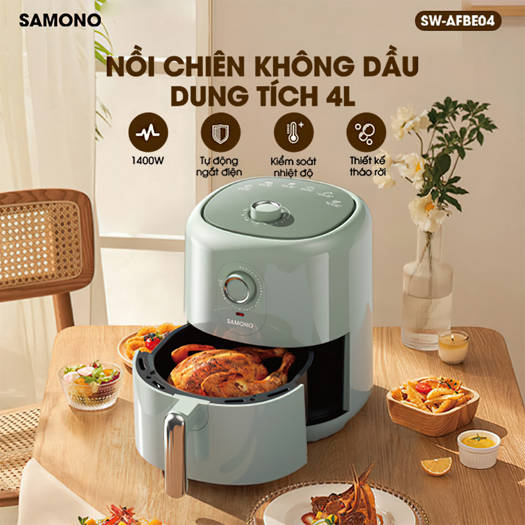 Nồi Chiên Không Dầu SAMONO SW-AFBE04 Xanh lá - Dung Tích 4 Lít - Thiết Kế Núm Vặn - Công Suất 1400W - HÀNG CHÍNH HÃNG