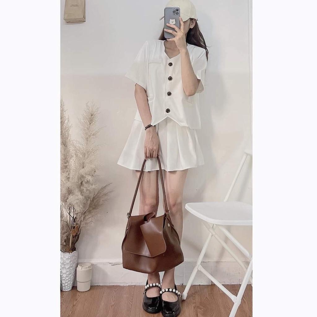 Set áo cộc tay tiểu thư kèm chân váy xếp ly hiện đại ulzzang phong cách Hàn Quốc