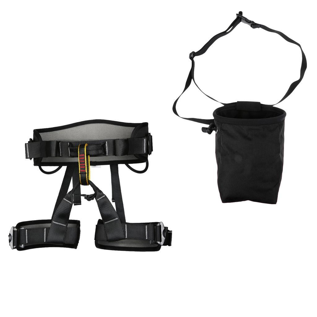 Professional Half Body Rock Tree Climbing Mountaineering Harness Safety Seat Sitting Belt with Addict Chalk Bag Belt Pouch Black