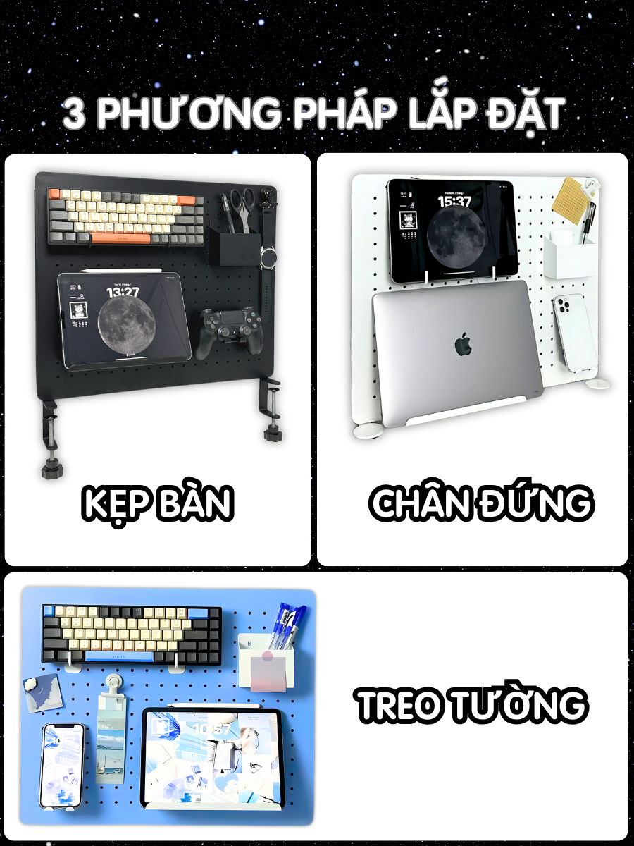 Pegboard Dola Home Setup Full KIM LOẠI không khoan tường để bàn phím, tai nghe, đồ dùng làm việc