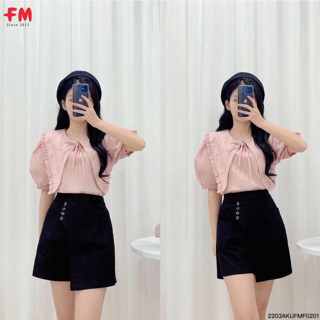 Áo sơ mi kiểu FM Style cổ tròn tay phồng họa tiết hoa nhí phối màu dễ thương thời trang Hàn Quốc 207150085