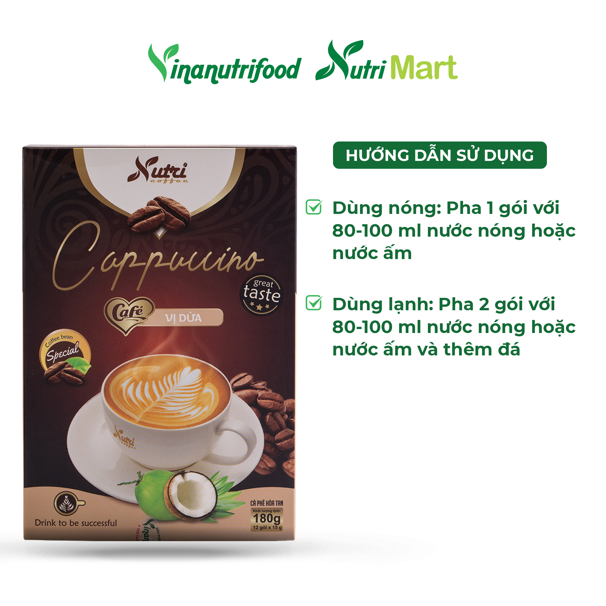 Cà phê capuchino dừa Vinanutrifood C03, cafe có hương vị dừa hảo hạng, tạo nên sự mới mẻ mang đến cảm giác thoải mái, thư thái khi thưởng thức, đảm bảo an toàn thực phẩm đáp ứng đầy đủ tiêu chuẩn GMP - WHO (15g x 12 gói)