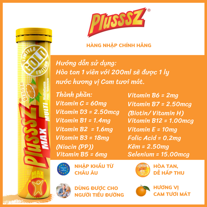 Viên bổ sủi bọt  Plusssz Max Multivitamin không đường hương vị cam