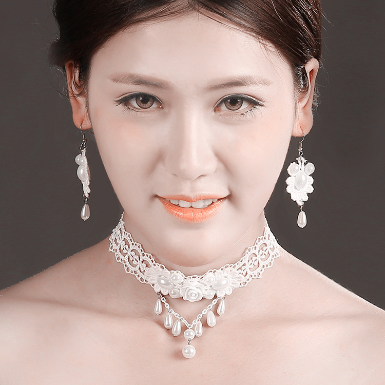 Bộ trang sức vòng cổ và vòng tay vải ren trắng choker cô dâu dạ tiệc