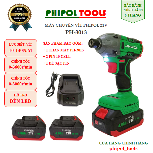 Combo Máy chuyên vít 21V có đèn led hỗ trợ ánh sáng PHIPOL TOOLS PH3013 Kèm 2 pin và sạc - Hàng Chính Hãng