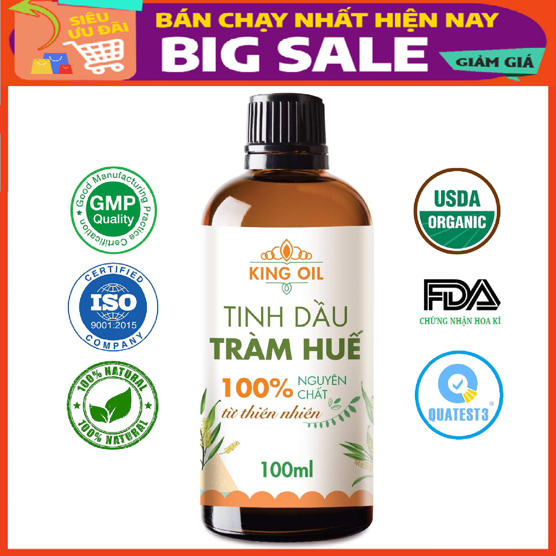 Tinh dầu Tràm Huế 100ml xuất khẩu thị trường Mỹ, nguyên chất từ thiên nhiên, An Toàn Cho Bé, Xông Phòng, Khử Mùi, Kháng Khuẩn, Đuổi Muỗi, Giải Cảm - KingOil