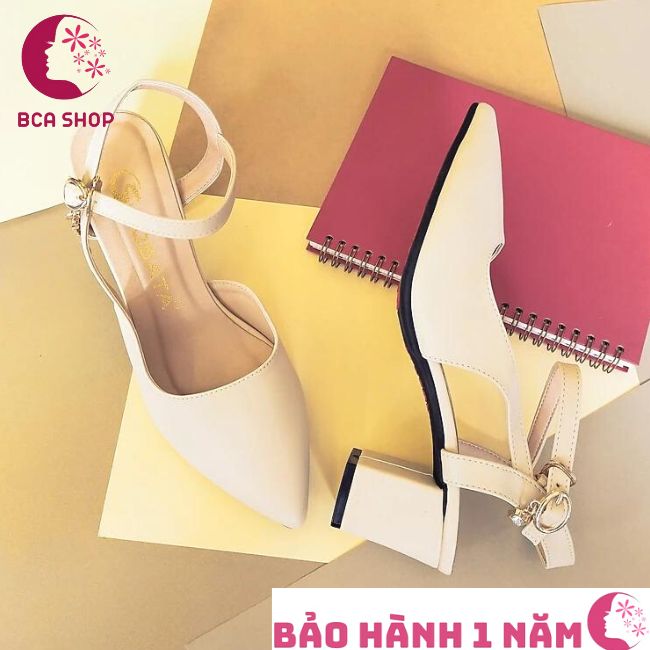 Giày sandal nữ cao gót 6 phân RO360 thời trang cao cấp ROSATA mũi nhọn, quai sau, kèm hạt kim cương nhân tạo, màu kem