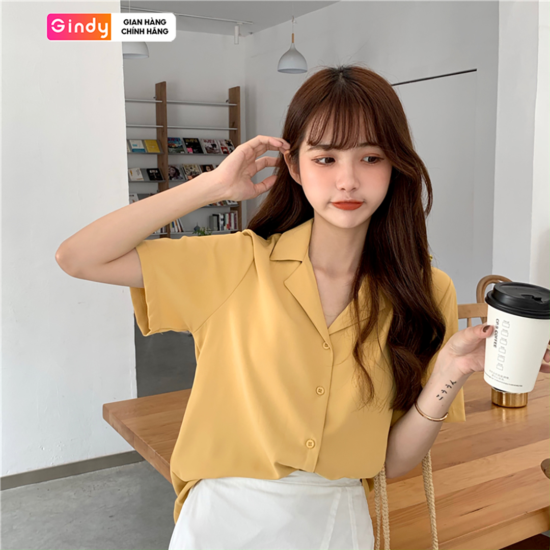 Áo sơ mi nữ trơn GINDY form rộng tay ngắn cổ vest dáng suông nhiều màu sơmi kiểu Hàn Quốc A5145