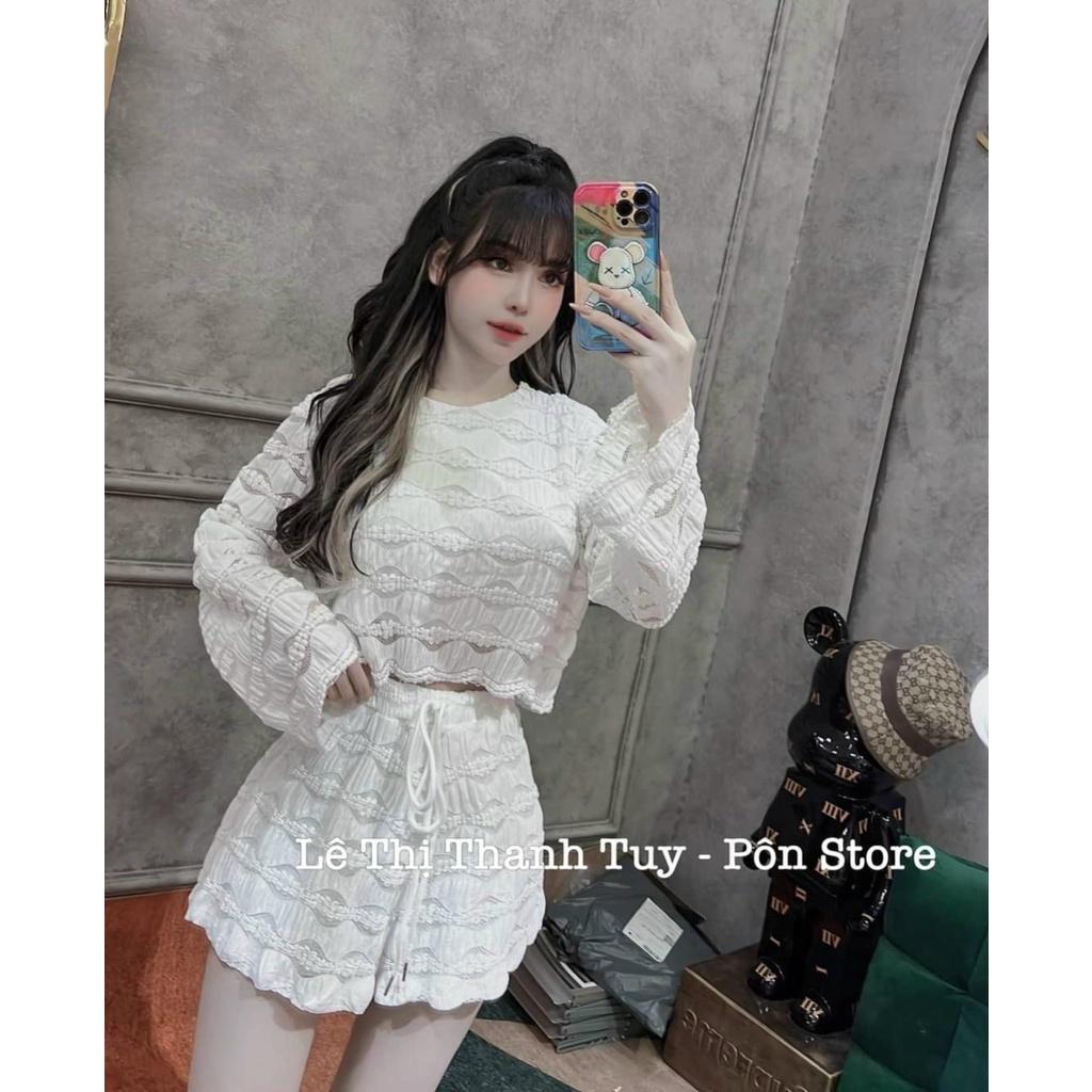 Set bộ đồ nữ áo tay dài croptop mix quần đùi ống rộng cùng tone màu đơn giản, xinh xắn dành cho các tình yêu đi chơi