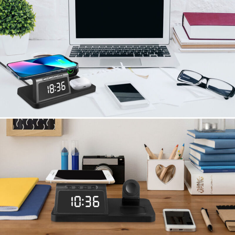 Trạm sạc không dây, đồng hồ để bàn 4in1 Wireless Charger Fast Charging Station